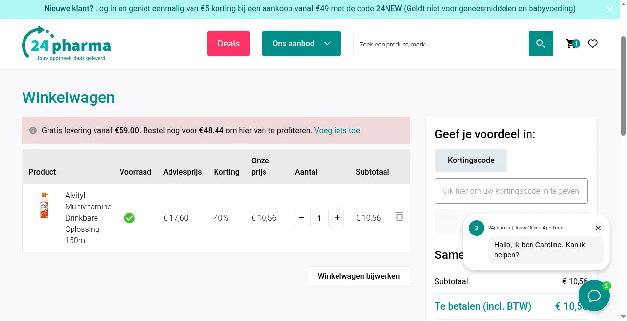 24Pharma winkelmandje met het veld om een kortingscode in te geven
