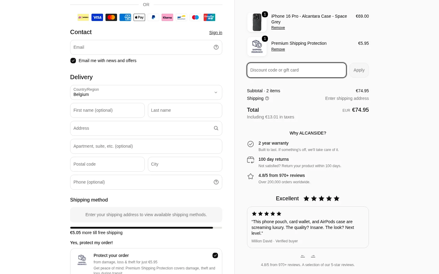 Alcanside checkout met kortingscodeveld Discount code or gift card
