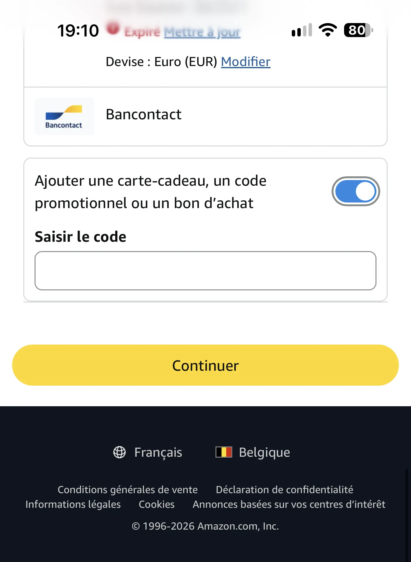 Checkout Amazon Belgique : Ajouter une carte-cadeau, un code promotionnel ou un bon d’achat — Saisir le code