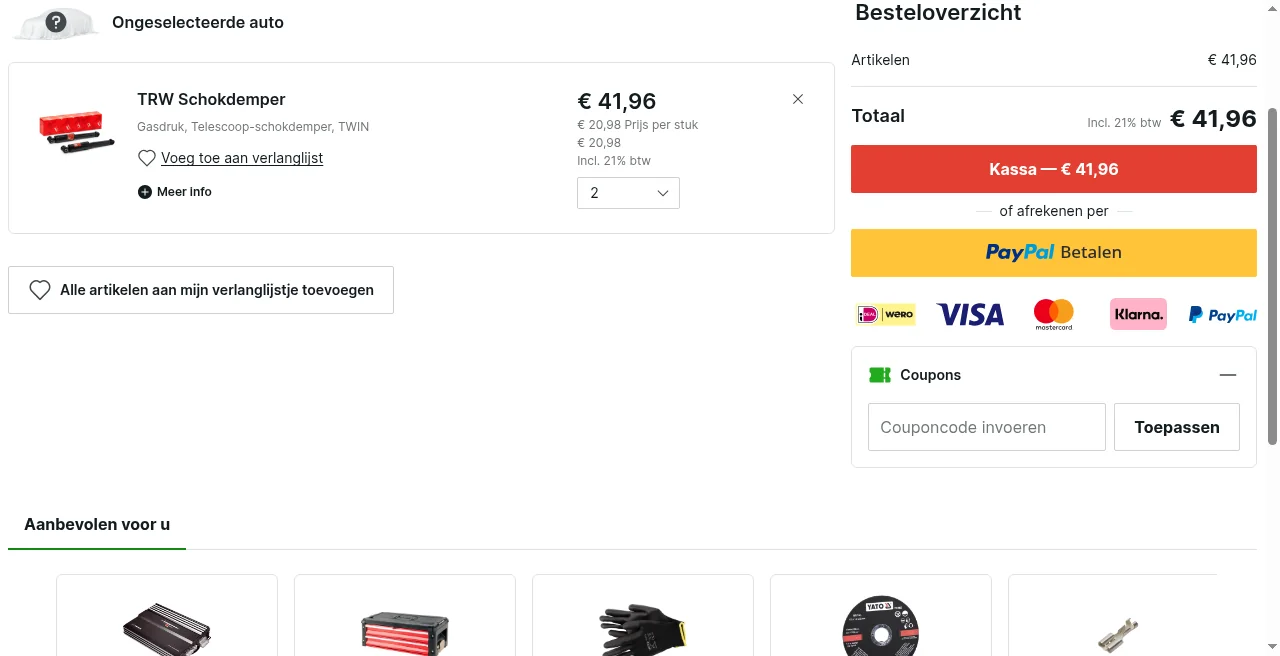 Auto-onderdelen24 winkelwagen — Coupons-veld Couponcode invoeren