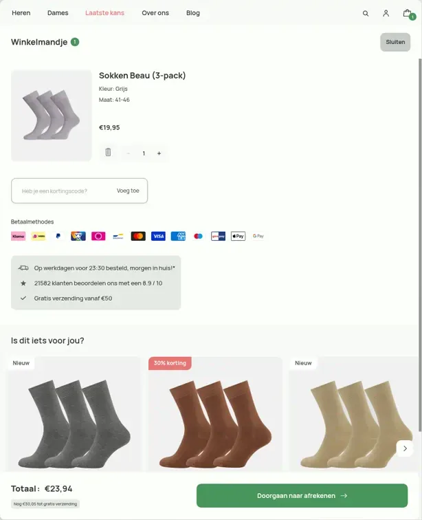 Bamboo Basics winkelmandje met het veld Heb je een kortingscode? en de knop Voeg toe