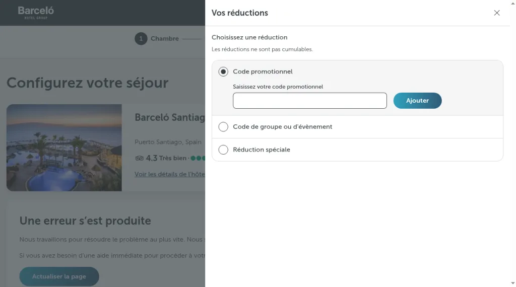 Barceló réservation : Code promotionnel et bouton Ajouter