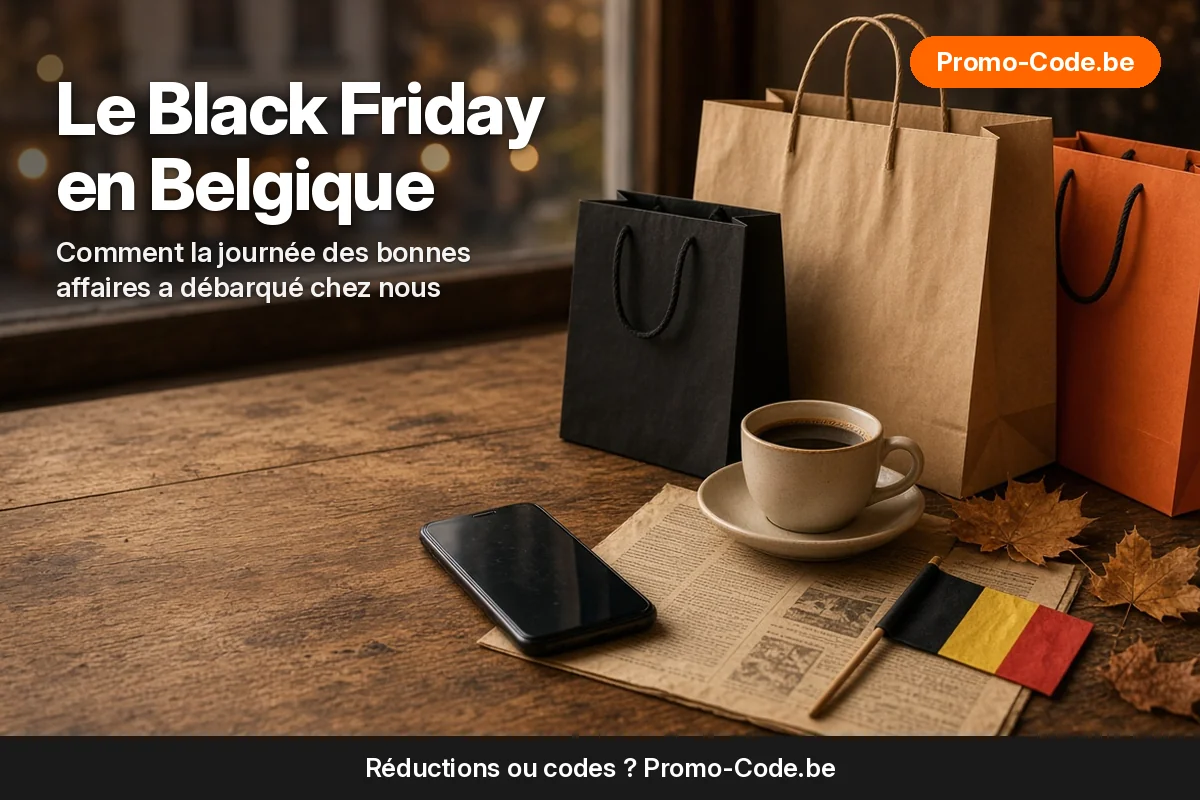 Le Black Friday en Belgique — sacs de shopping, café, vieux journal, petit drapeau belge et smartphone sur une table en bois près de la fenêtre
