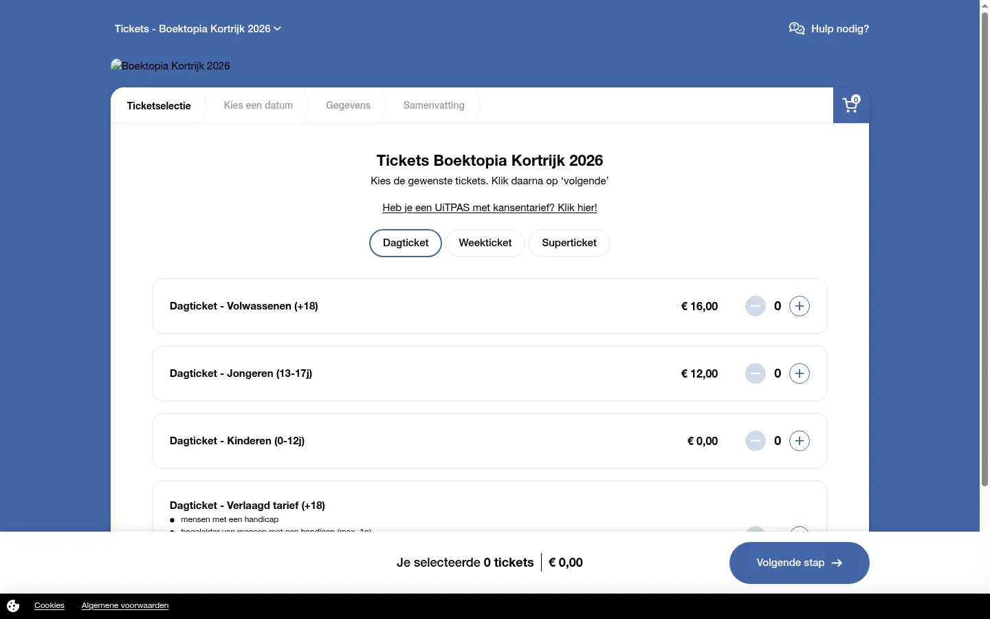 Ticketshop van Boektopia Kortrijk 2026 met de keuze tussen dagticket, weekticket en superticket