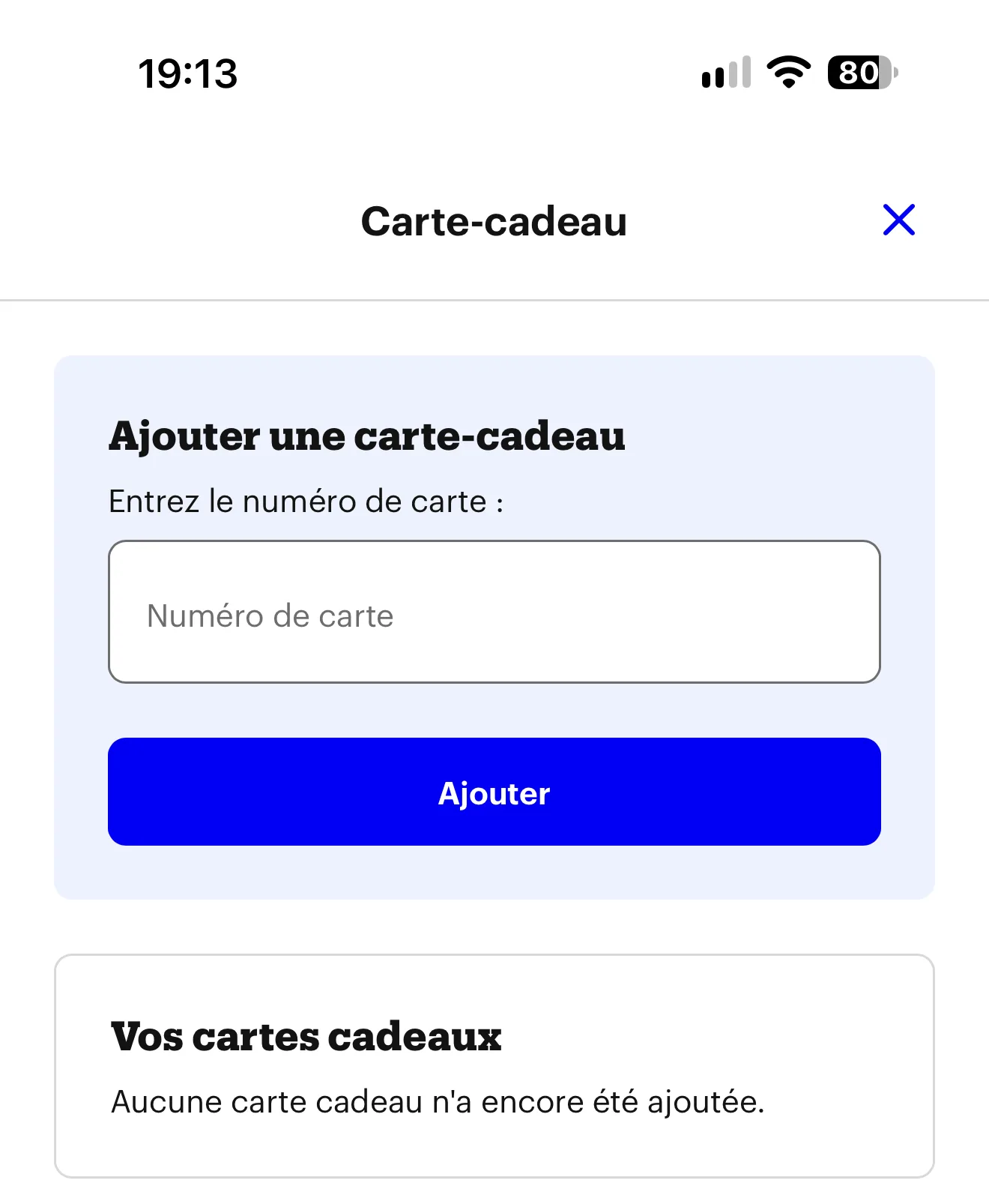 bol.com : écran Carte-cadeau — Entrez le numéro de carte, placeholder Numéro de carte, bouton Ajouter