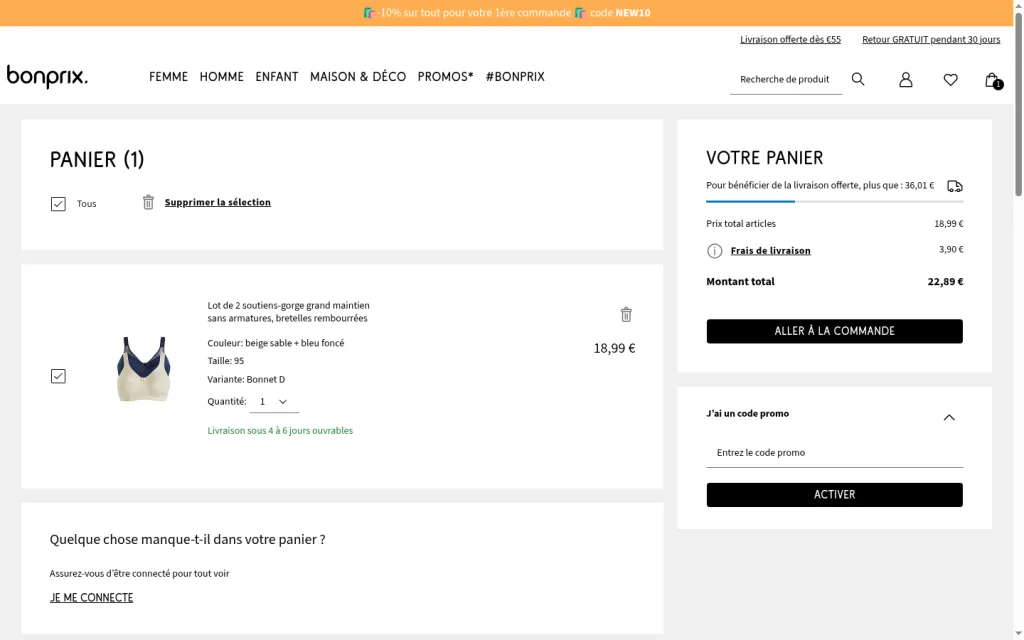 Panier Bonprix avec le champ Entrez le code promo et le bouton ACTIVER