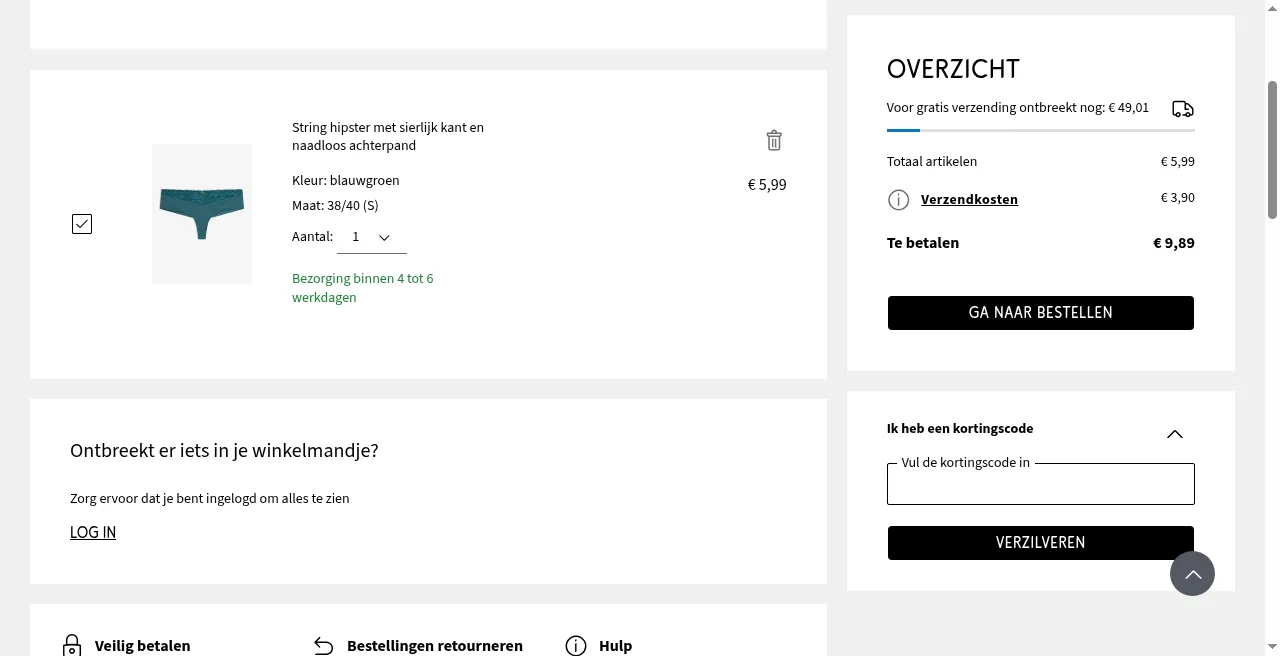 Bonprix winkelmandje met het veld om een kortingscode in te vullen