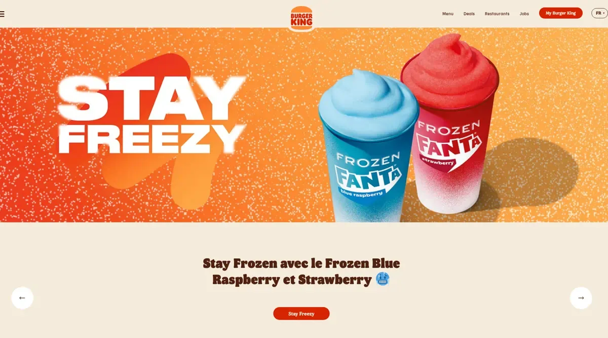 Page d’accueil de burgerking.be en français, avec le menu Menu, Deals, Restaurants et le bouton My Burger King