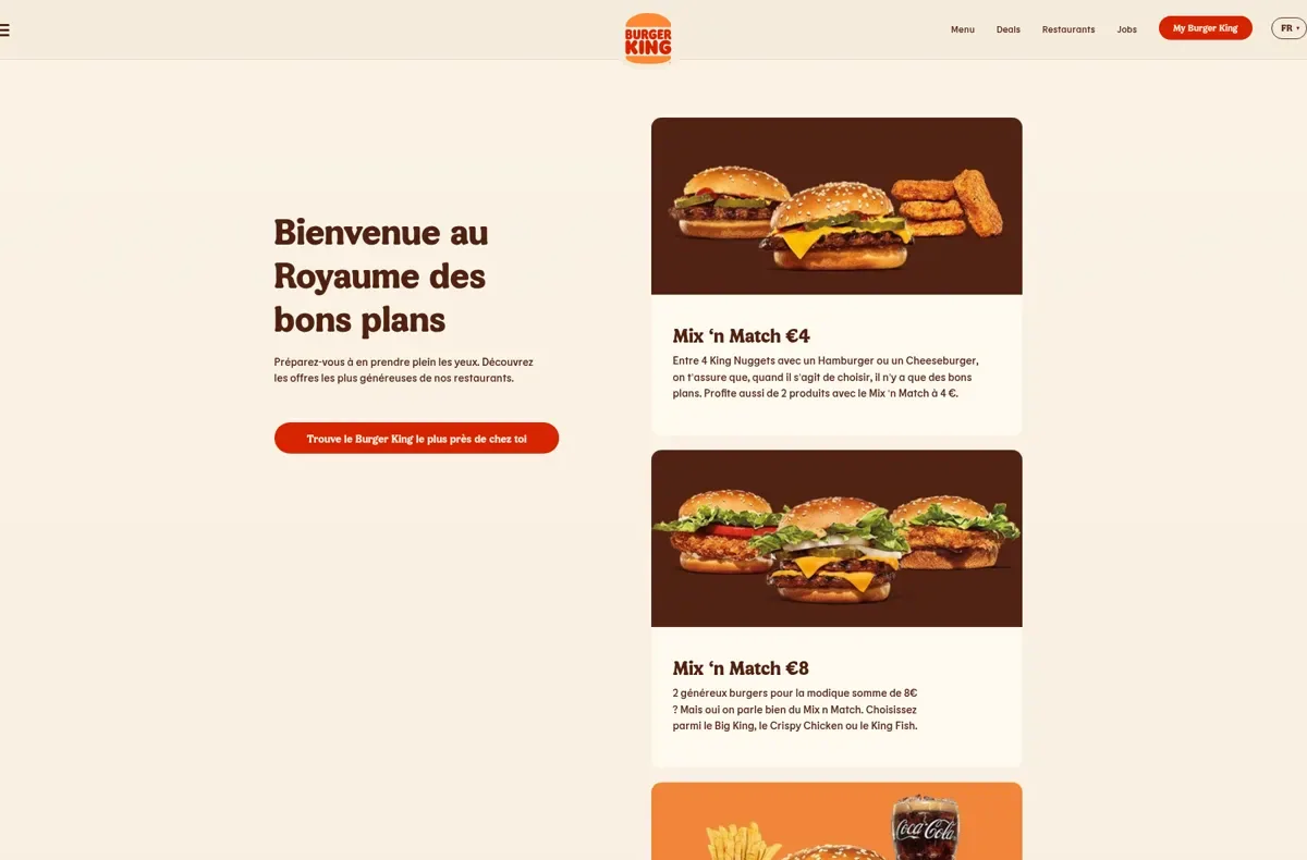 Page Deals de burgerking.be avec le titre « Bienvenue au Royaume des bons plans » et les offres Mix ‘n Match à 4 € et 8 €