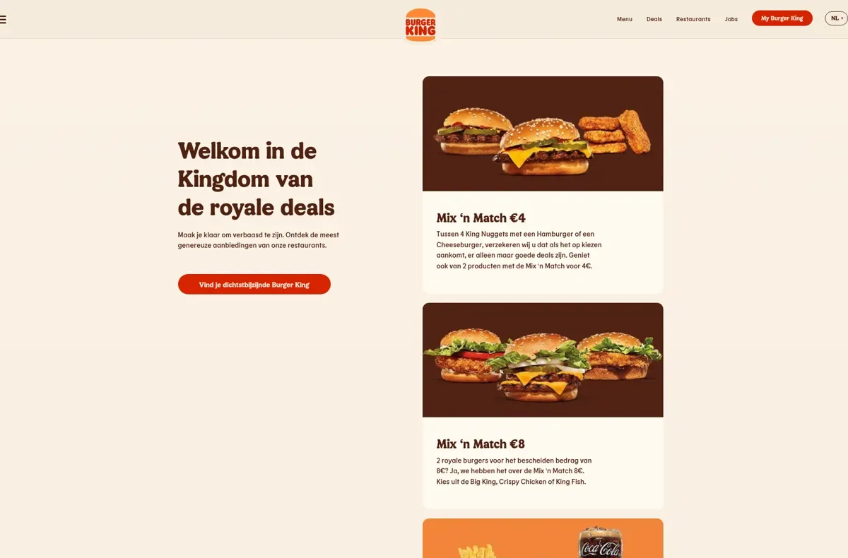 De pagina Deals op burgerking.be met de kop Welkom in de Kingdom van de royale deals en de Mix 'n Match-deals van €4 en €8