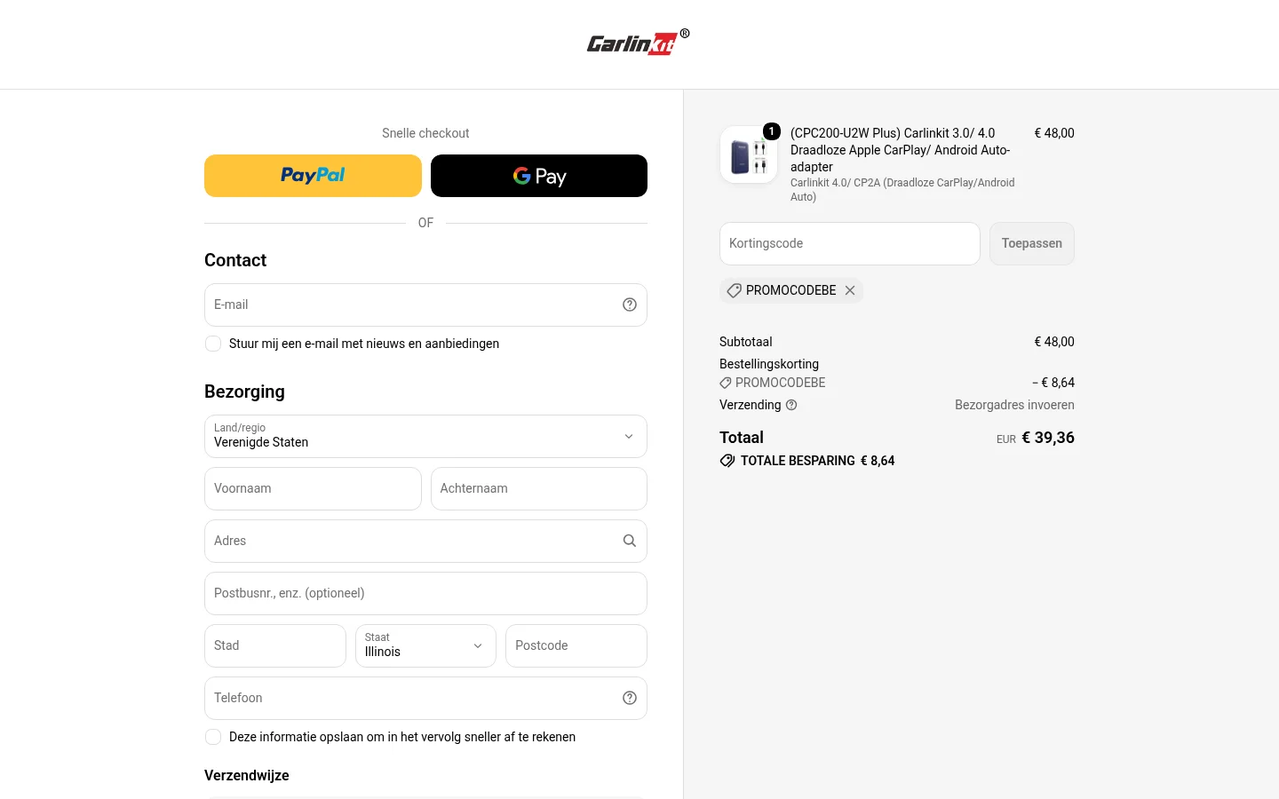 Carlinkit checkout met Kortingscode-veld op carlinkit.nl
