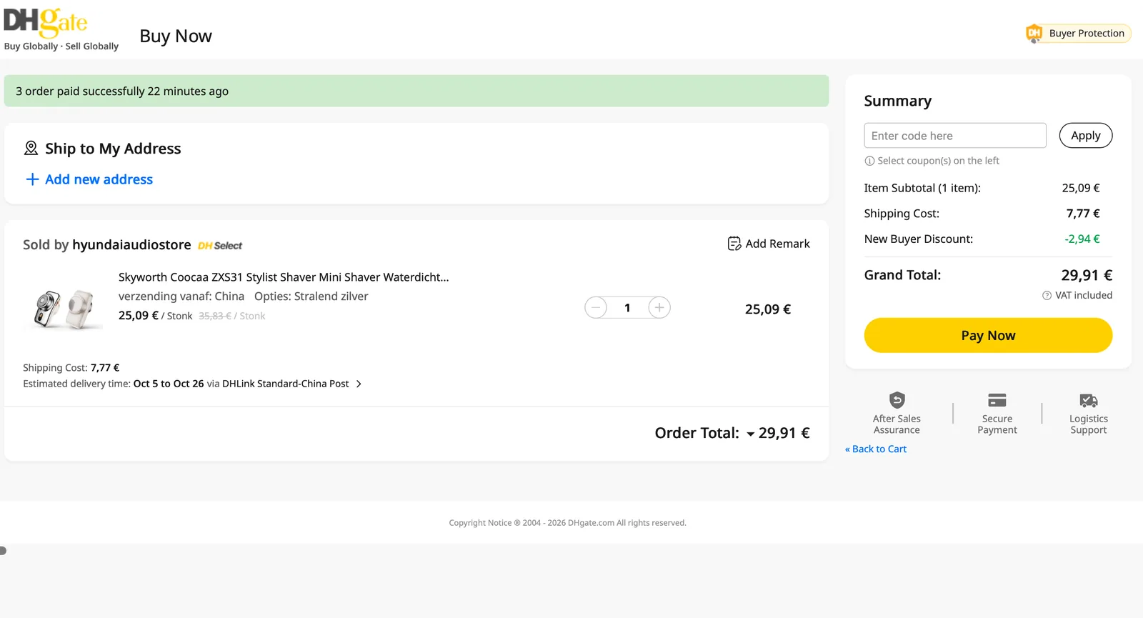 Afrekenen op dhgate.com met het couponveld Enter code here / Coupon code