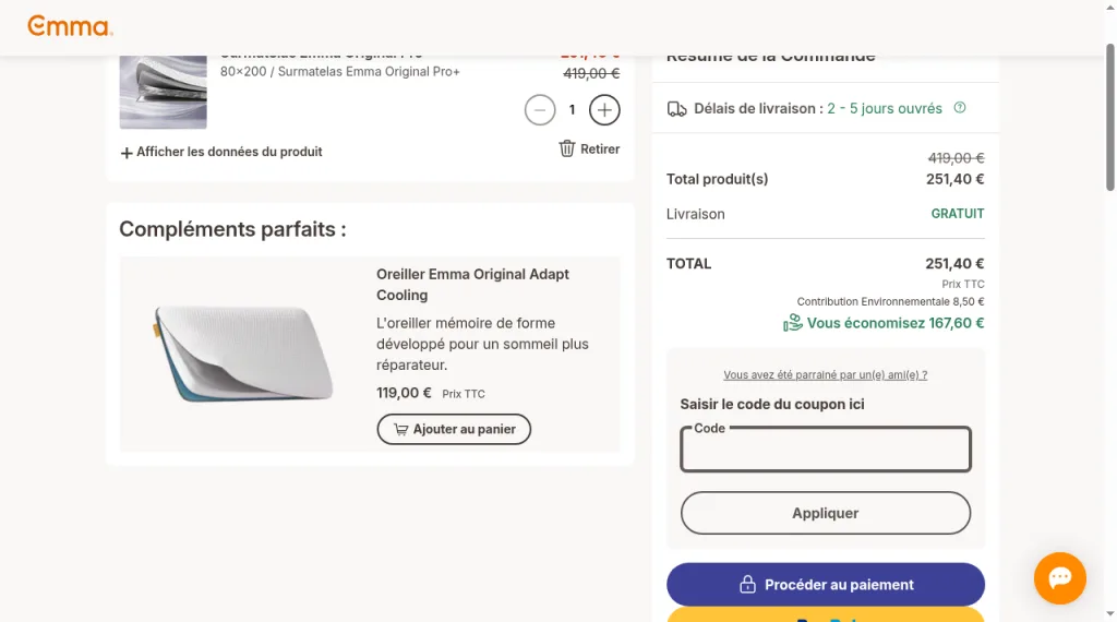 Panier Emma Matelas avec Saisir le code du coupon ici et Appliquer