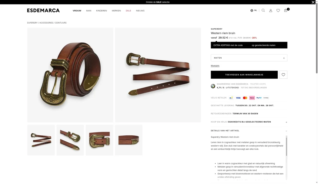 Fiche produit d’Esdemarca (version néerlandaise) avec l’étiquette de remise supplémentaire avec le code sur une sélection de tailles