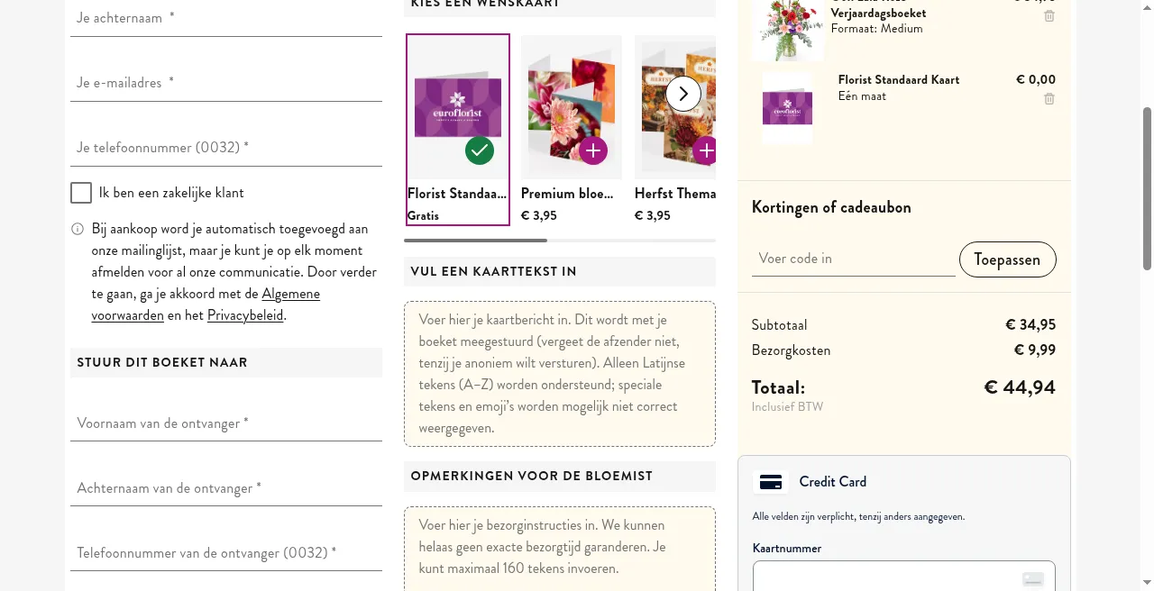 Euroflorist winkelmandje met het veld om een kortings- of kortingscodecode in te vullen