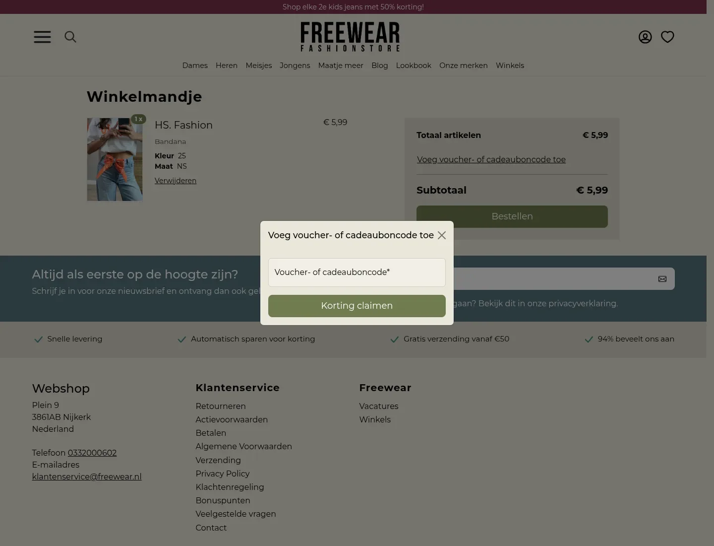 Vouchercode of kortingscode invullen in het winkelmandje op freewear.nl