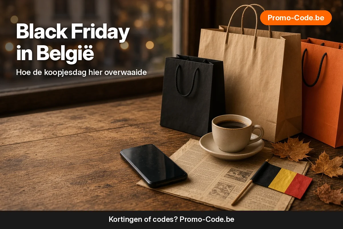 Black Friday in België: shoppingtassen, koffie, oude krant, Belgisch vlagje en smartphone op een houten tafel bij het raam