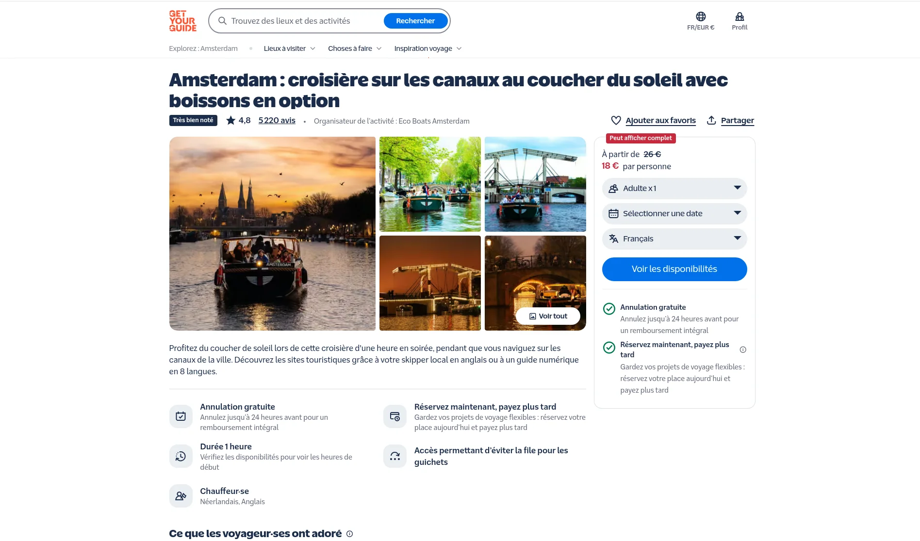 Croisière au coucher du soleil à Amsterdam sur GetYourGuide : 18 € au lieu de 26 €, annulation gratuite jusqu’à 24 heures avant