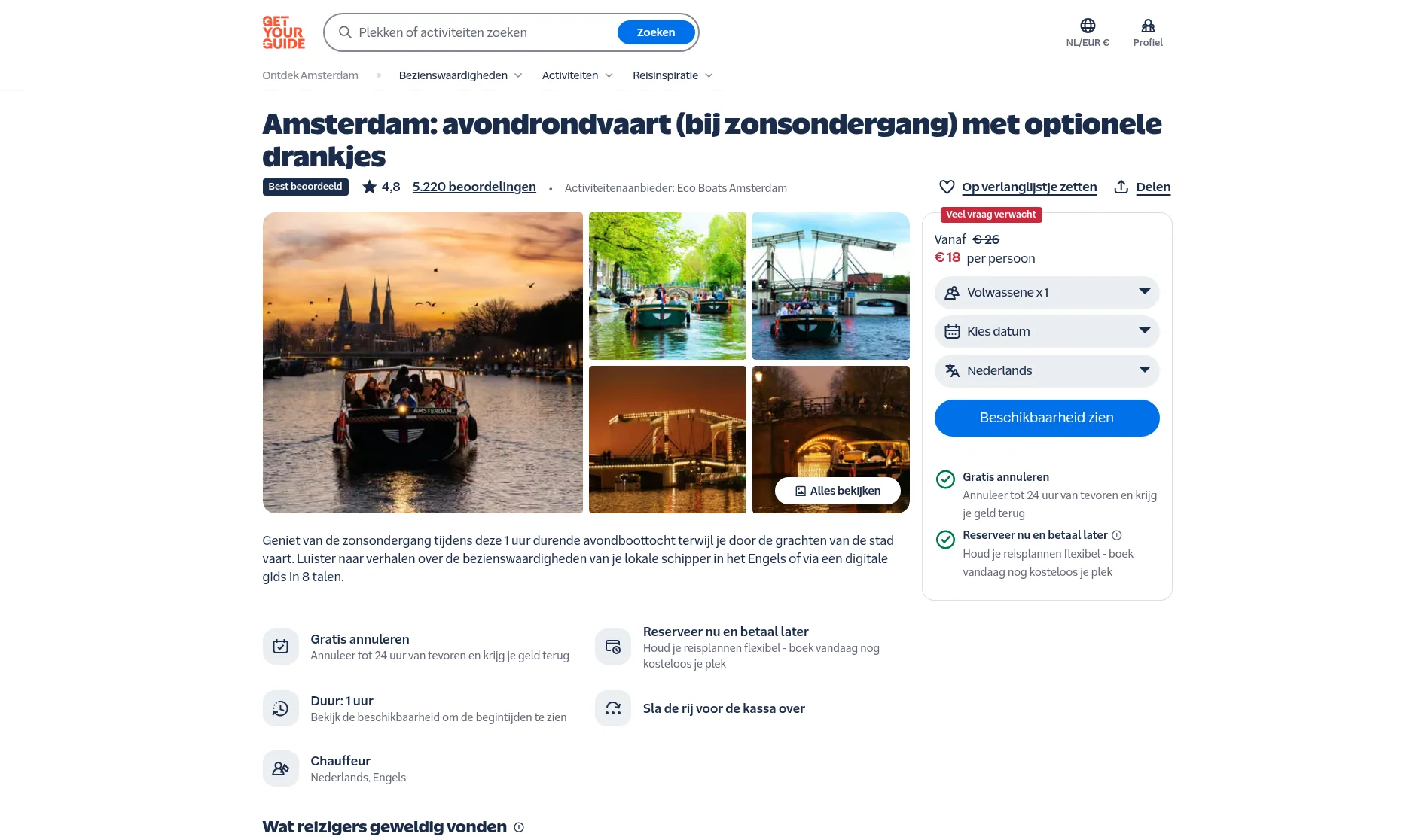 GetYourGuide-activiteit avondrondvaart Amsterdam: gratis annuleren tot 24 uur vooraf en verlaagde prijs