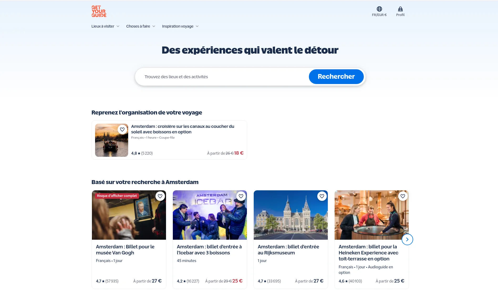 Page d’accueil de GetYourGuide en français, avec la recherche de visites et d’activités