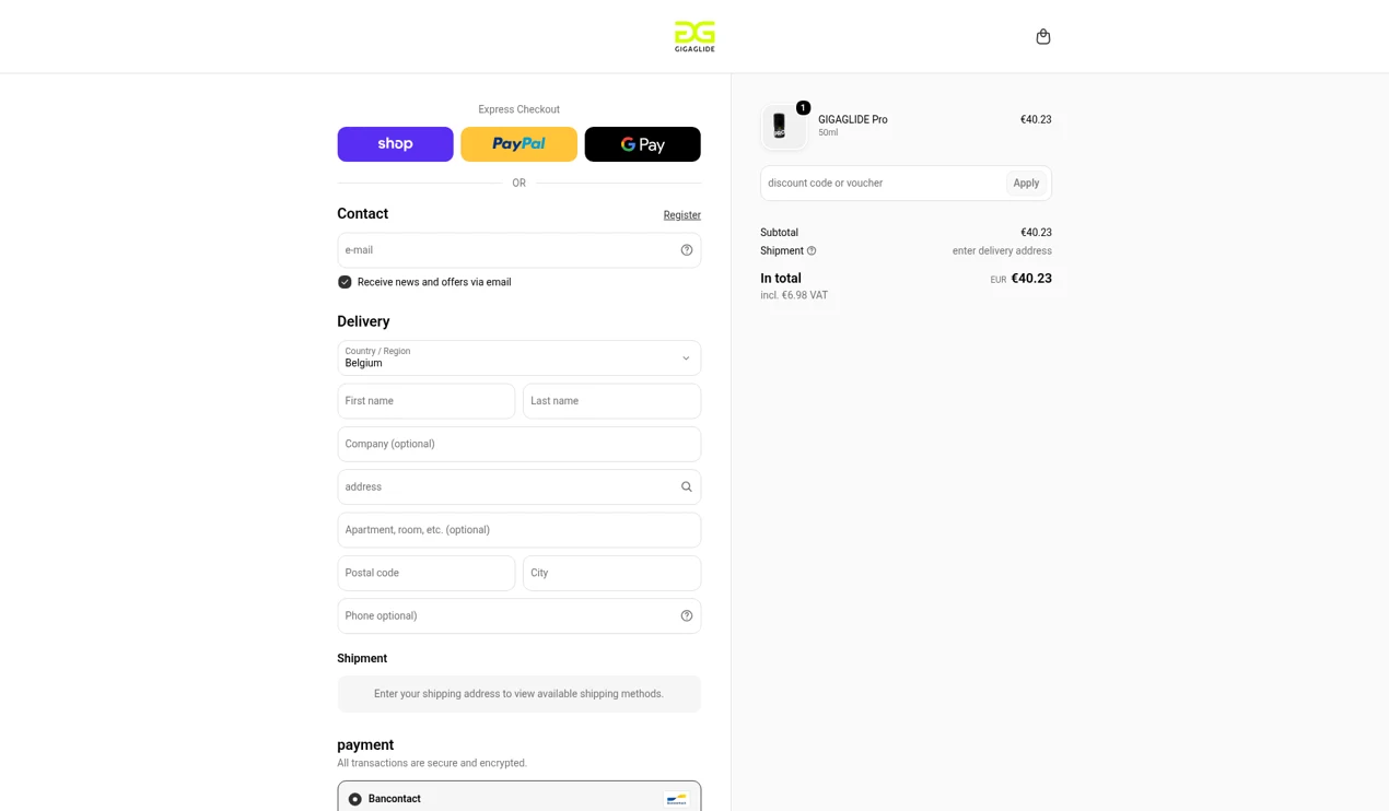 Caisse de GIGAGLIDE (version anglaise) avec en haut à droite le champ discount code or voucher et le bouton Apply