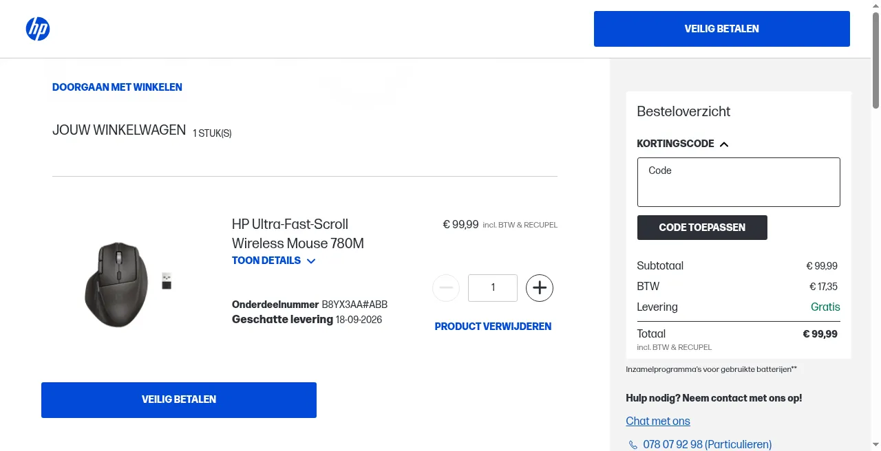 HP Store winkelmandje met het veld om een kortingscode in te vullen