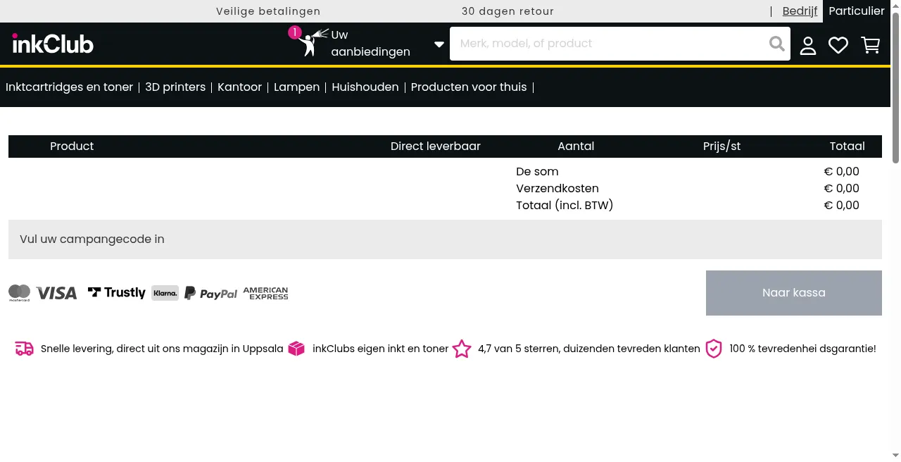InkClub winkelmandje met het veld om een campagnecode in te vullen
