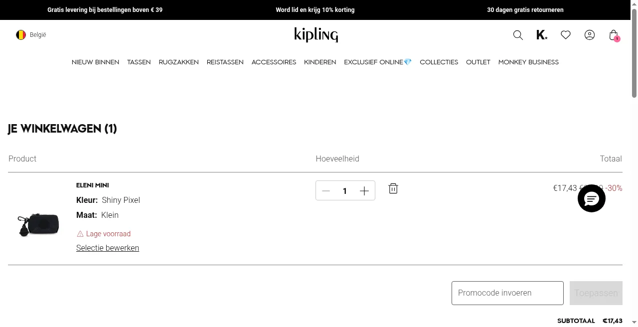 Kipling winkelwagen — veld Promocode invoeren
