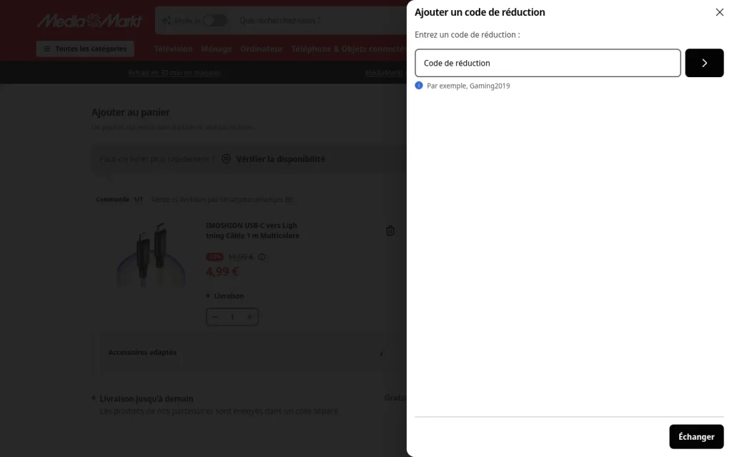 Checkout MediaMarkt avec le drawer Ajouter un code de réduction, le champ Code de réduction et le bouton Échanger