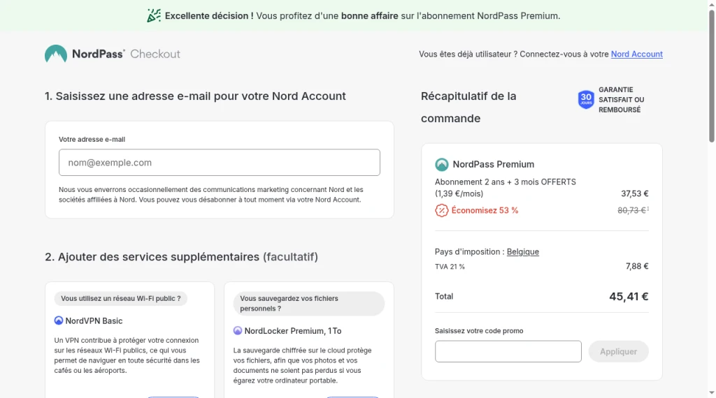 Checkout NordPass avec Saisissez votre code promo et Appliquer