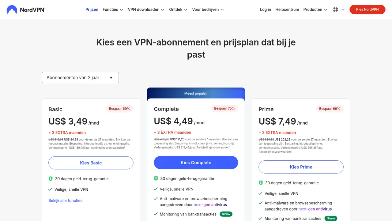 NordVPN prijsplannen met korting op abonnementen