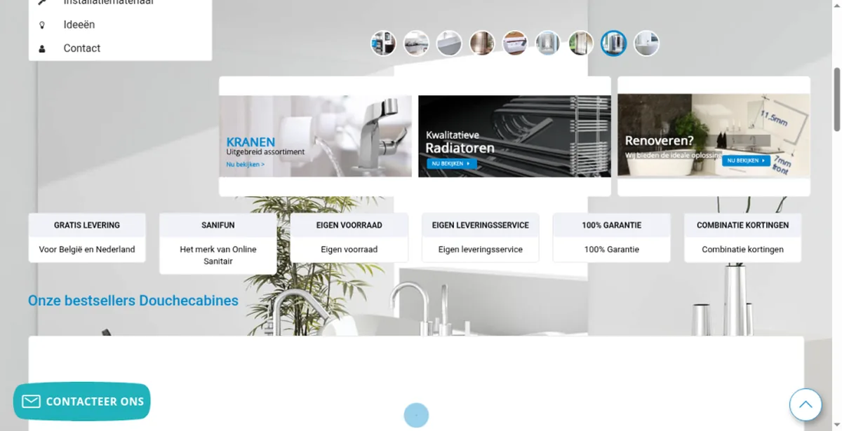 Online Sanitair homepage met promo-strip en USP’s (combinatiekorting)