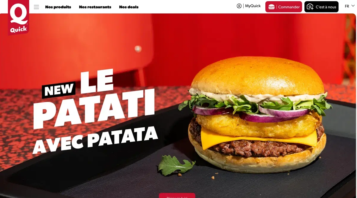 Page d’accueil de quick.be en français, avec le menu Nos produits, Nos restaurants et Nos deals