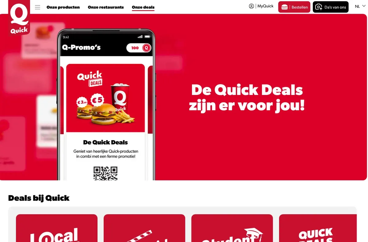 De pagina Onze deals op quick.be met de kop De Quick Deals zijn er voor jou! en de Q-promo's in de MyQuick-app