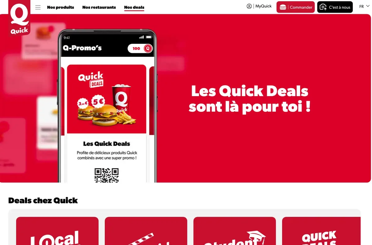 Page Nos deals de quick.be avec le titre « Les Quick Deals sont là pour toi ! » et les Q-Promo’s dans l’app MyQuick