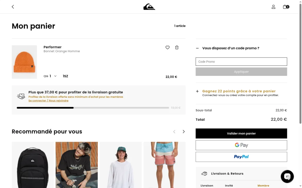 Panier Quiksilver Belgique avec Code Promo et Appliquer