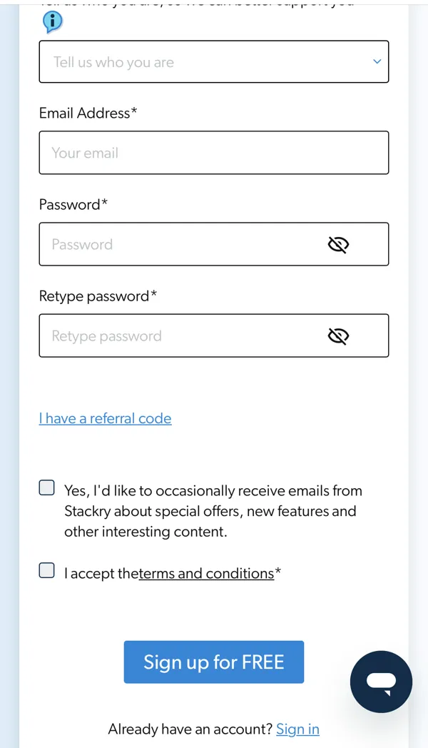 Registratiepagina van Stackry met de link I have a referral code, waarmee je het veld Referral Code opent