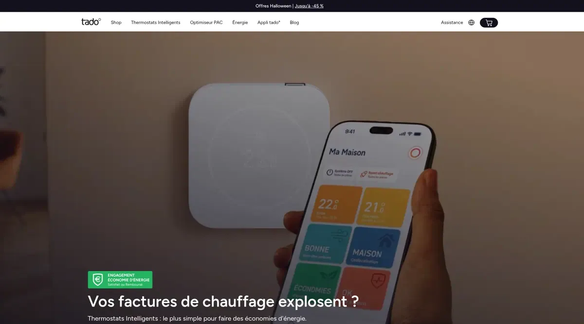 Page d’accueil de tado.com en français avec le titre « Vos factures de chauffage explosent ? » et l’appli tado° sur un smartphone