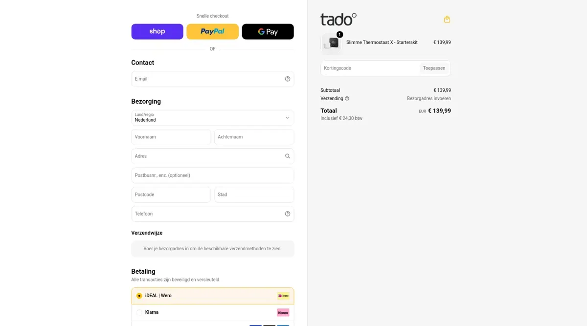 Checkout van de tado° Shop met een Slimme Thermostaat X Starterskit en het veld Kortingscode met de knop Toepassen