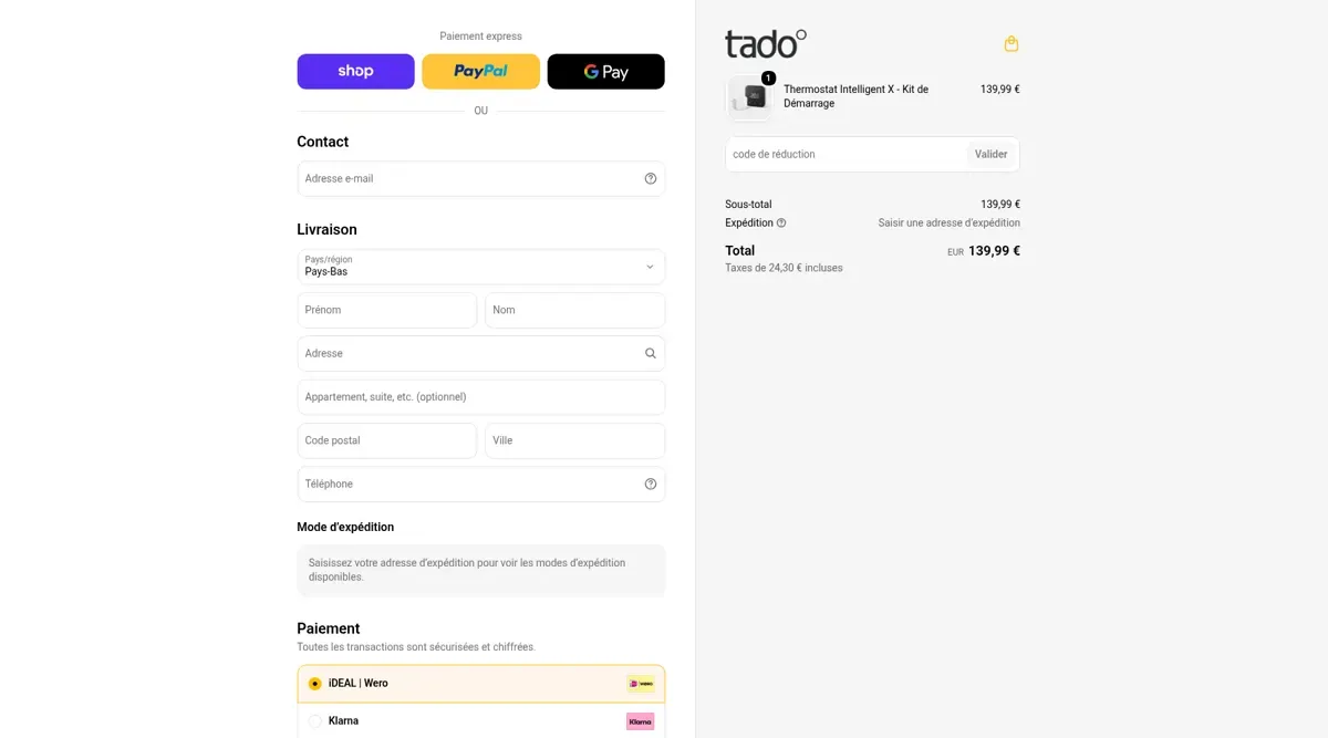 Page de paiement de la boutique tado° avec un Thermostat Intelligent X - Kit de Démarrage et le champ « code de réduction » avec le bouton « Valider »