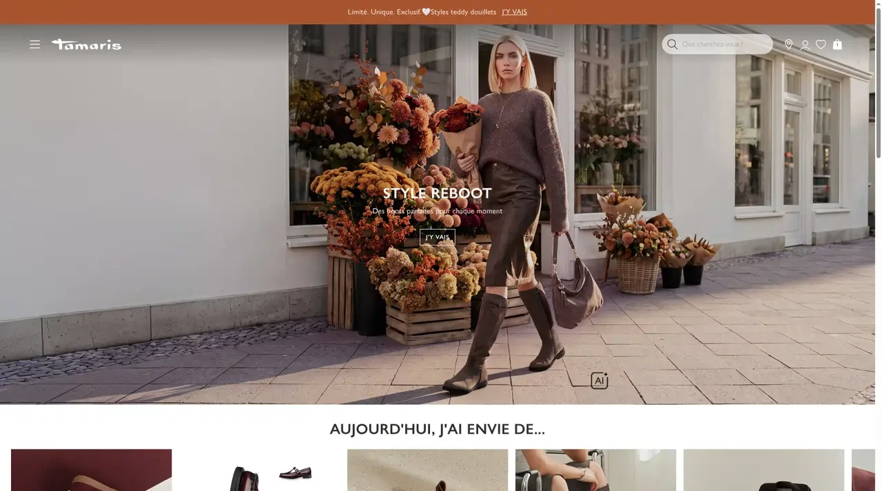 Page d’accueil de la boutique en ligne Tamaris en français pour la Belgique