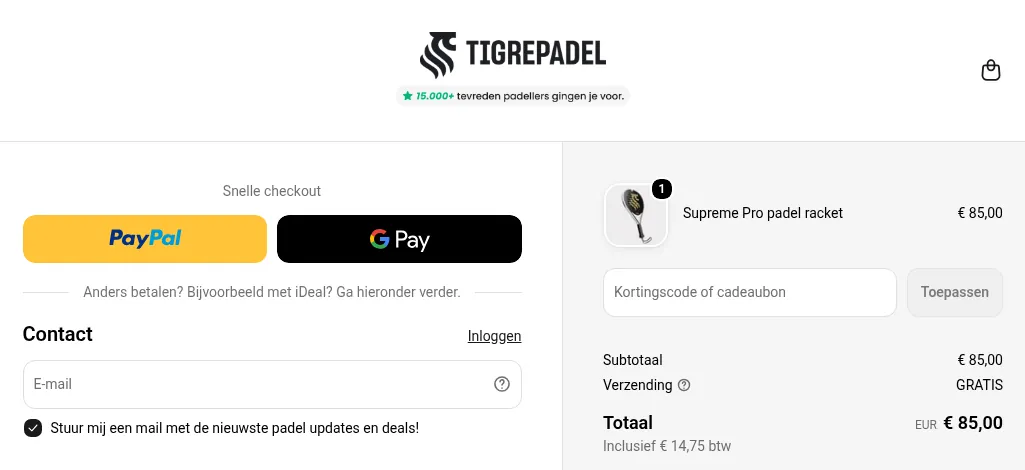 TigrePadel checkout met het veld Kortingscode of cadeaubon en de knop Toepassen