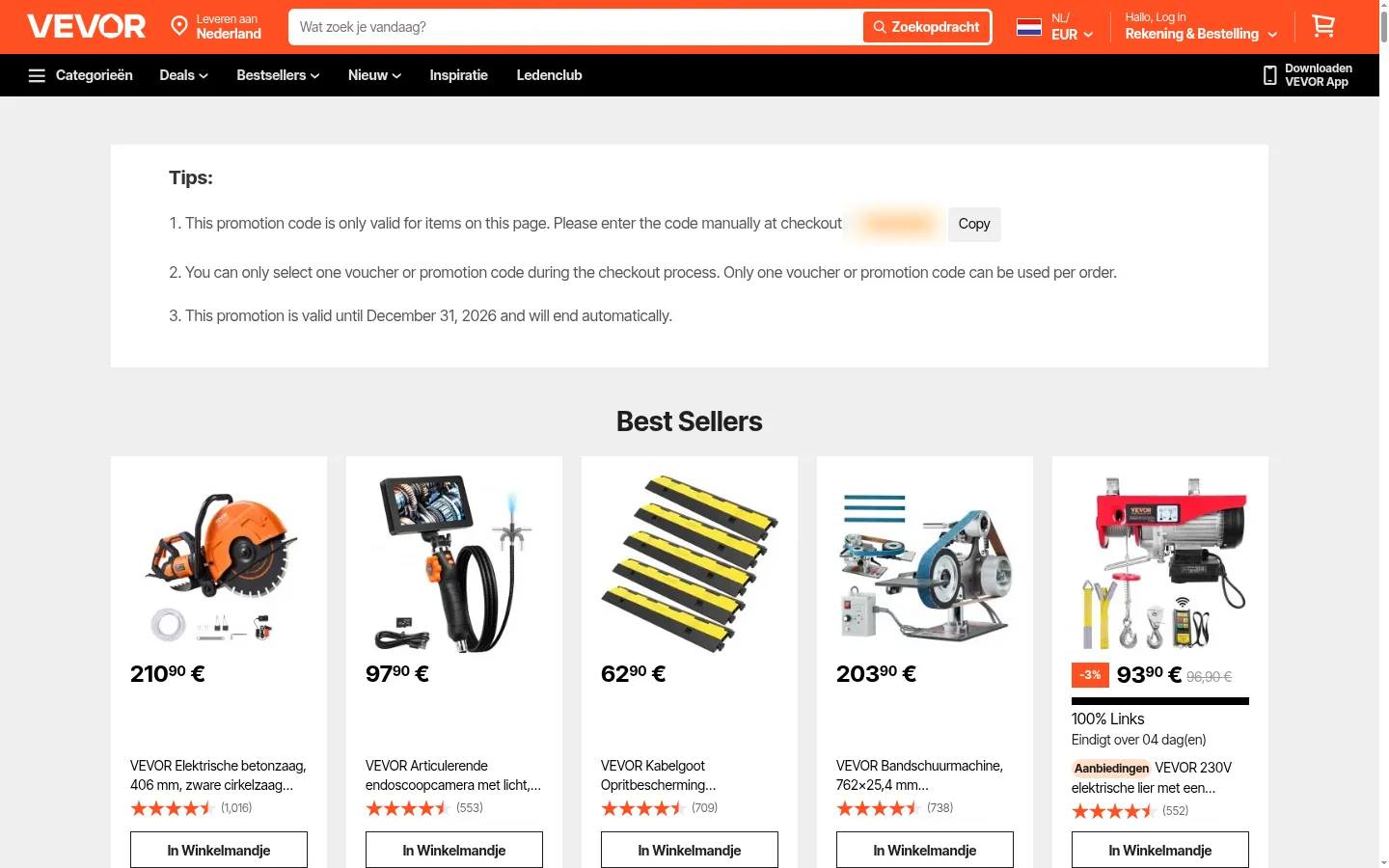 Actiepagina van Vevor met de bestsellers waarop de kortingscode geldt