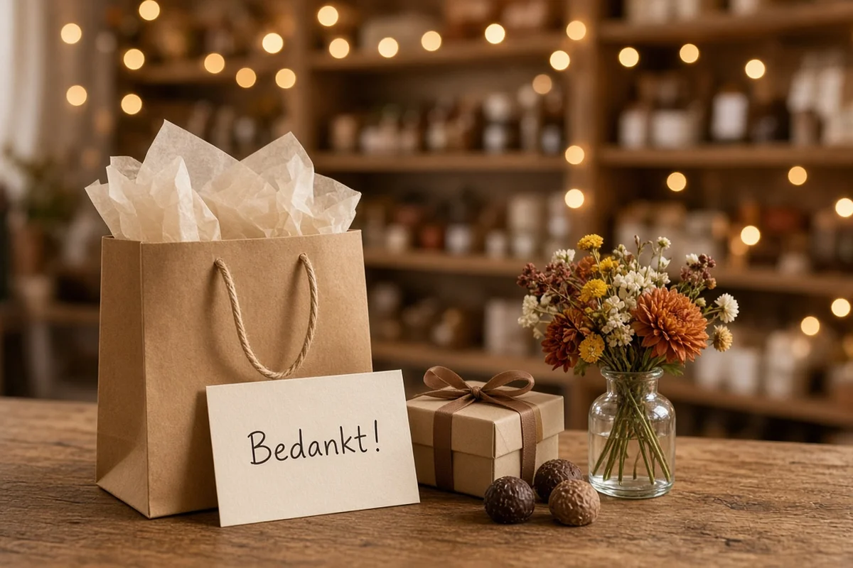 Winkeltoonbank met een kraft cadeautasje, een klein ingepakt geschenk, pralines, herfstbloemen en een kaartje met Bedankt!