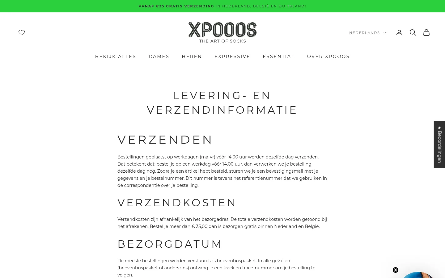 XPOOOS leveringspagina met gratis verzending vanaf €35 naar België