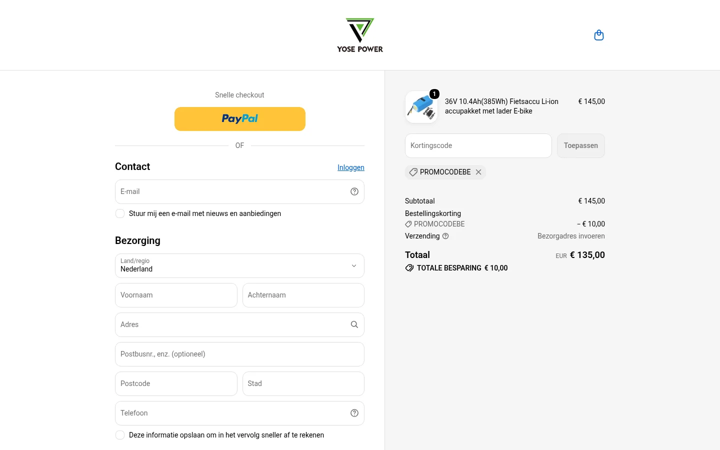 YOSE POWER checkout met Kortingscode-veld op yosepower.nl